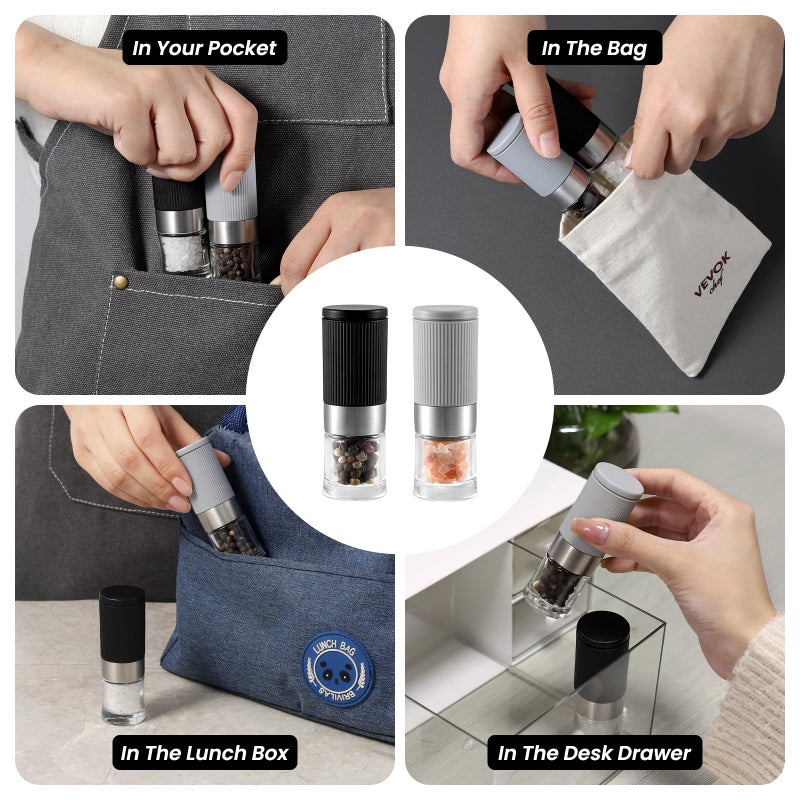 VEVOK CHEF Mini Salt and Pepper Grinder Set  Small Tiny Adjustable Coarseness Ceramic Salt Grinder with Funnel and Bag Portable Handy Spice Pepper Mill Shaker For Outdoor Party Lunch Bag Kitchen - Image 3
